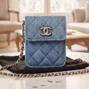 Chanel VIP Denim Quilted Makeup Mini Crossbody with Gold Hardware